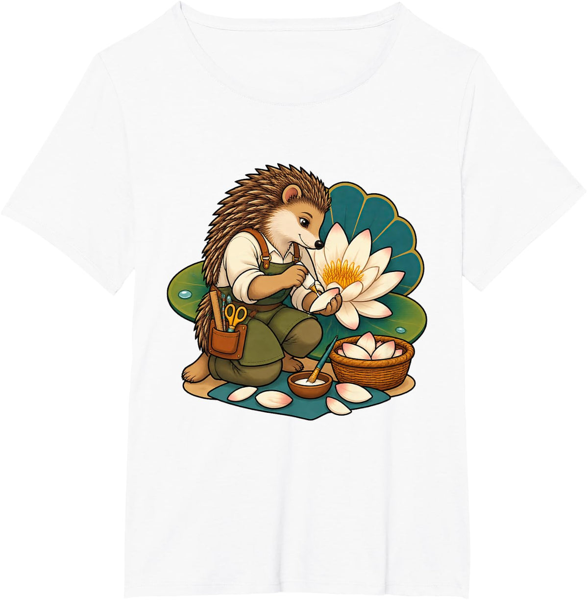 Hedgehog Building a Water Lily for Craft Fans T-Shirt - White