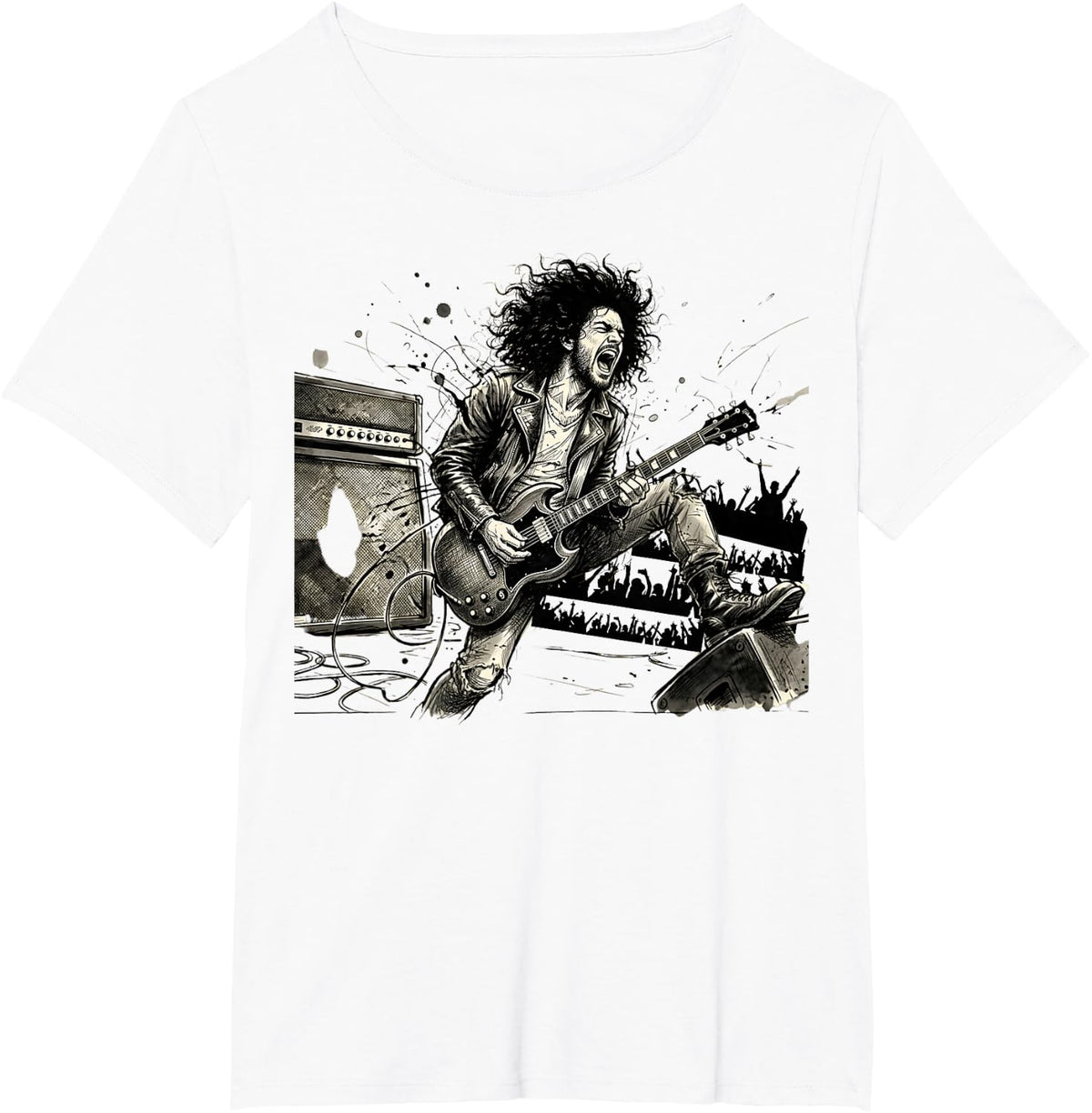Rock Guitarist Ink Sketch Electric Guitar Player Musician T-Shirt - White