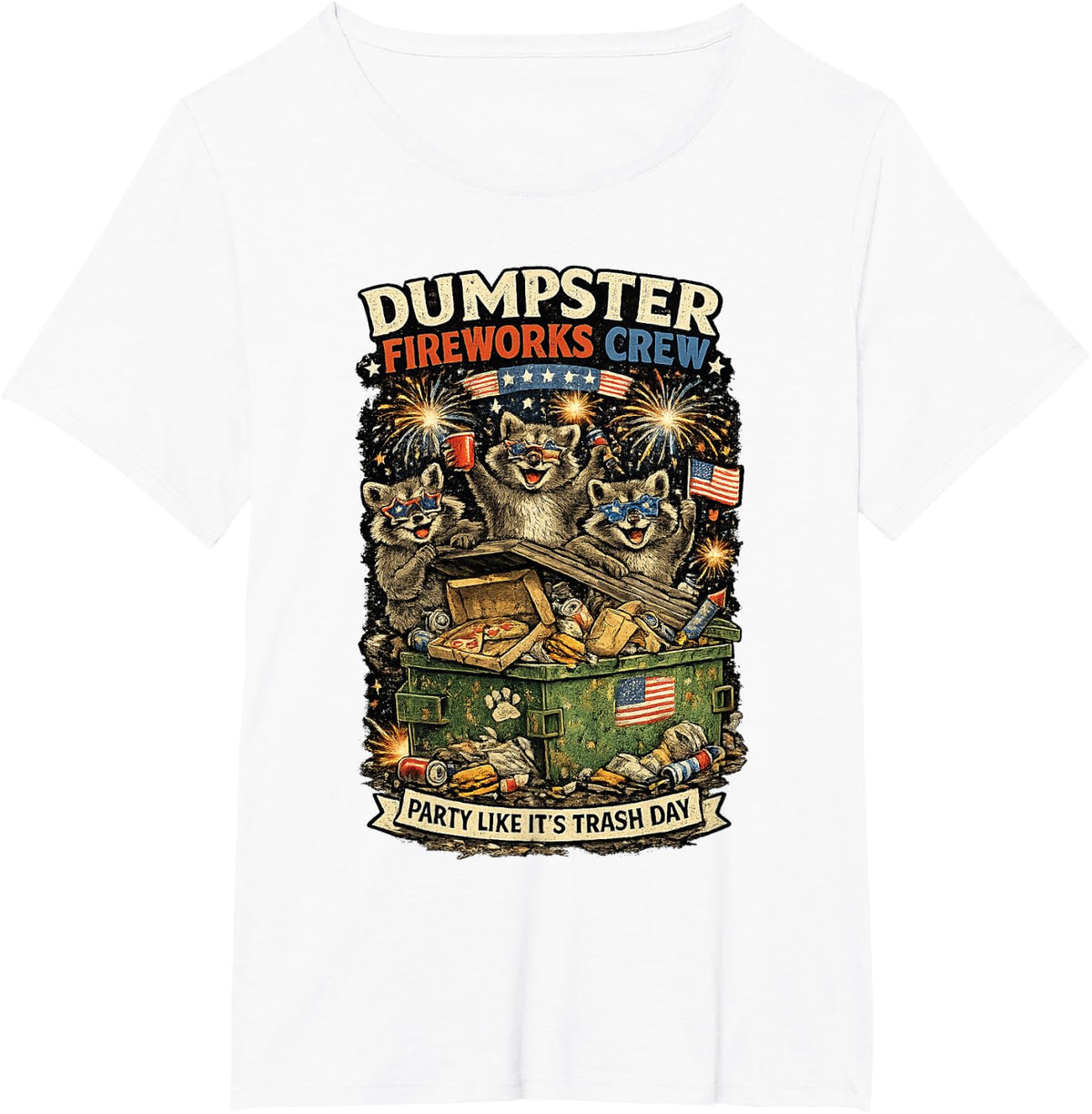 Patriotic Raccoon Dumpster Fireworks Crew July 4th T-Shirt - White