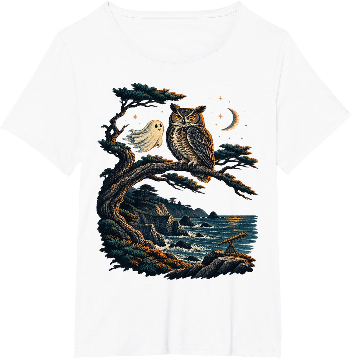 Halloween Coastal Owl and Ghost T-Shirt - White