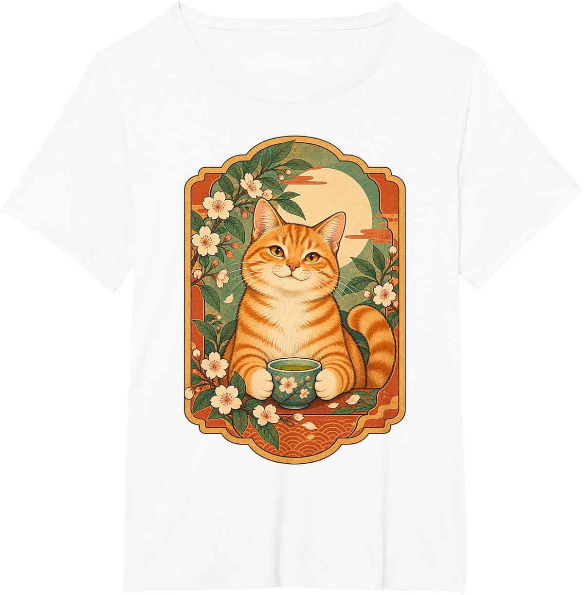 Orange Tabby Cat Botanical Tea Retro Illustration T-Shirt - White