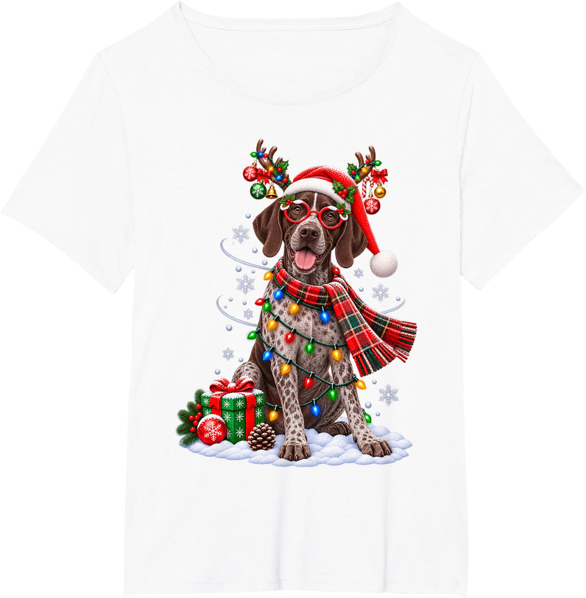 German Shorthaired Pointer Christmas Reindeer Santa Hat T-Shirt - White