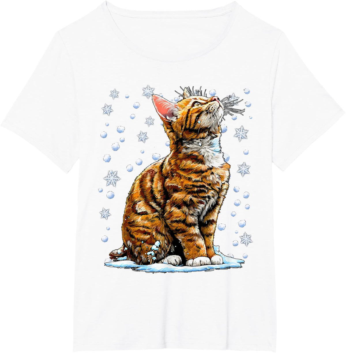 Snowy Tabby Cat with Snow and Snowflakes Cute Winter Kitten T-Shirt - White