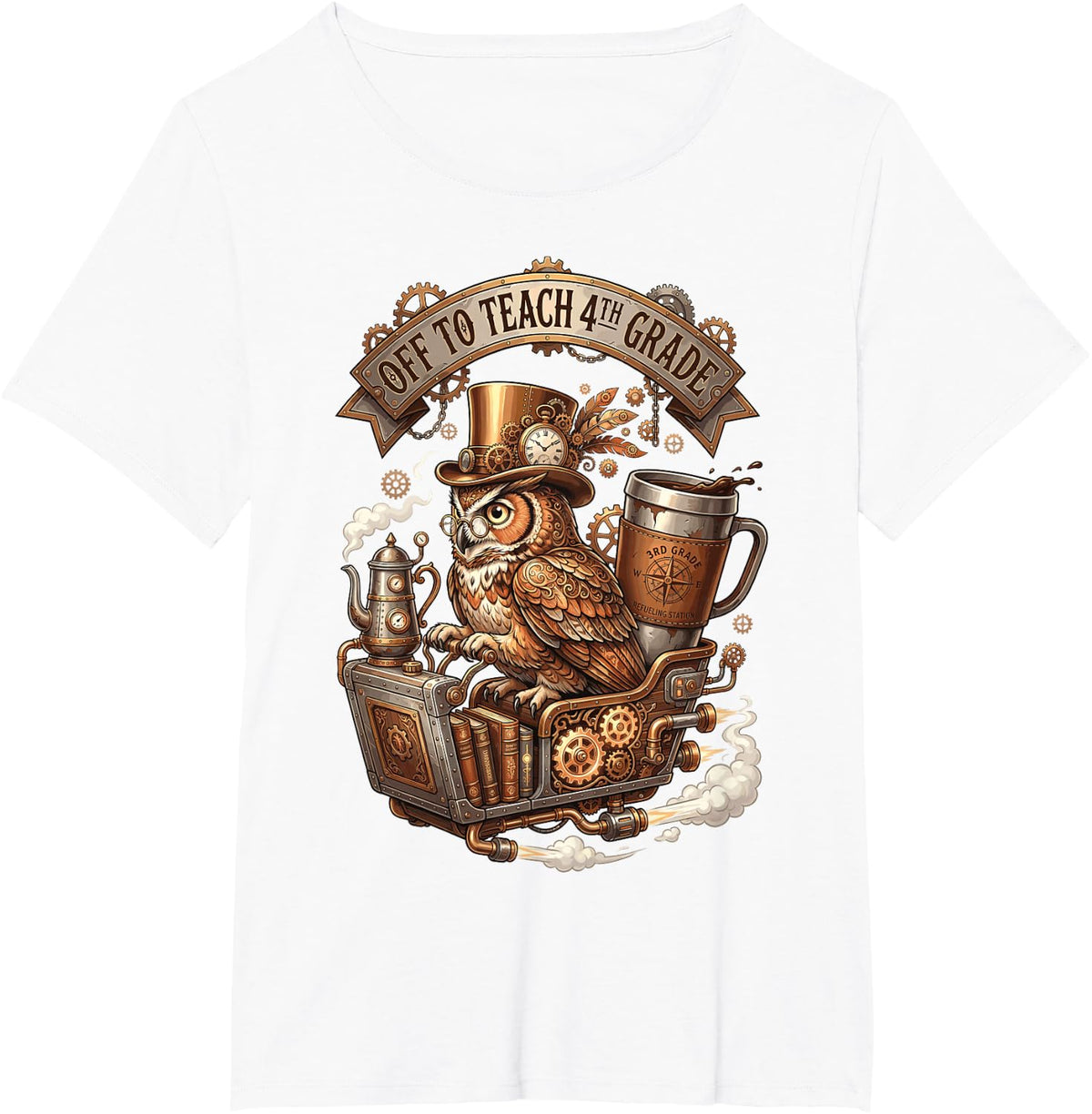 Off to Teach 4th Grade Teacher Steampunk Owl Mechanic Train T-Shirt - White
