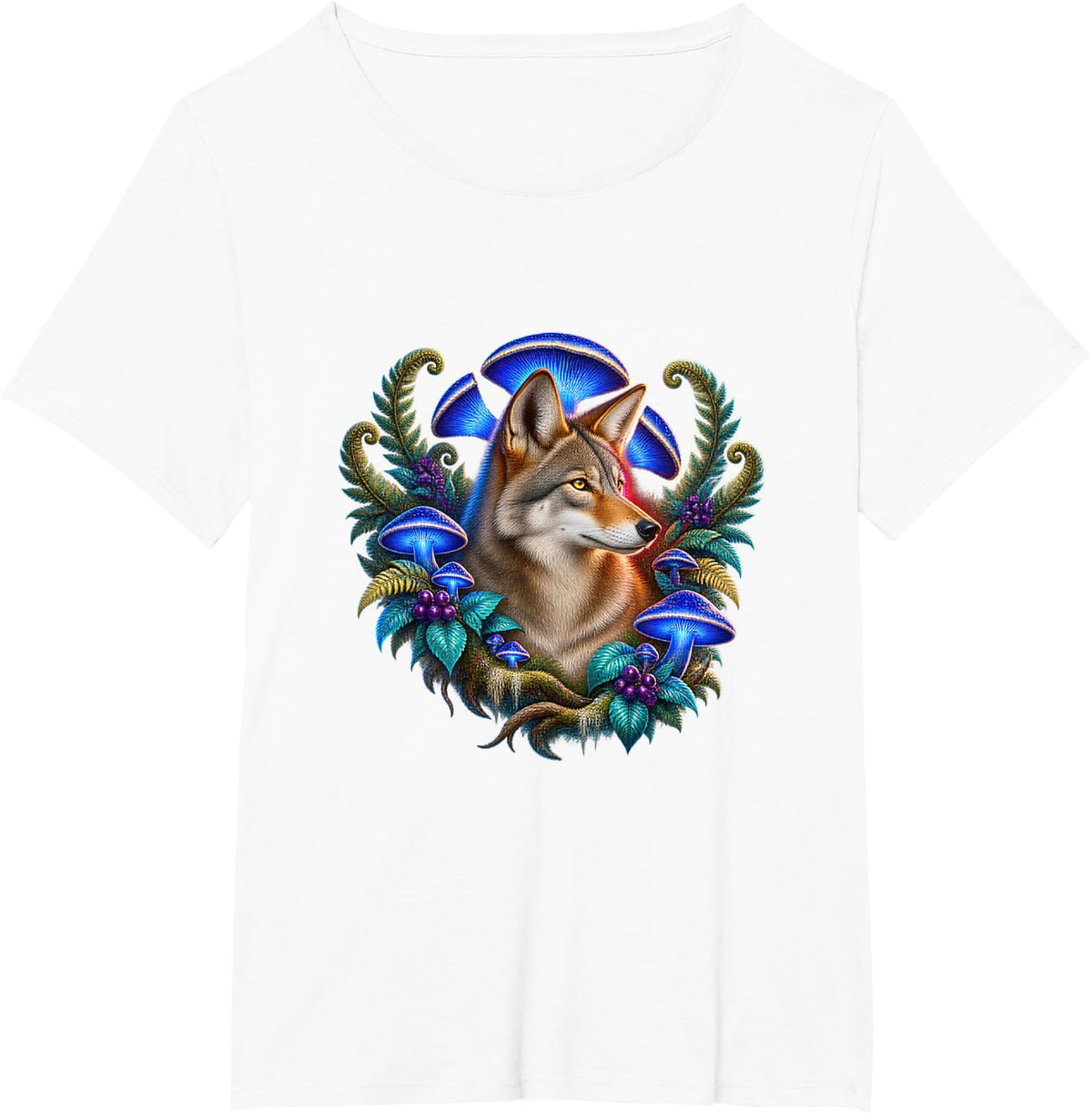 Coyote Among Blue Mushrooms T-Shirt - White