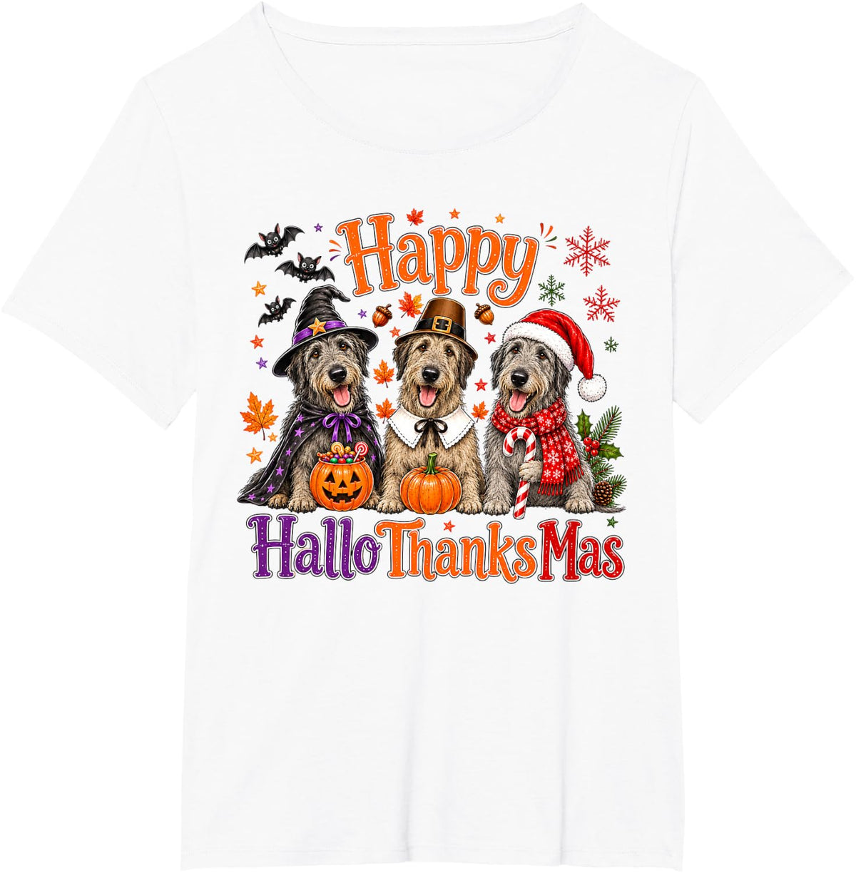 Irish Wolfhound Happy Hallothanksmas Halloween Thanksgiving T-Shirt - White