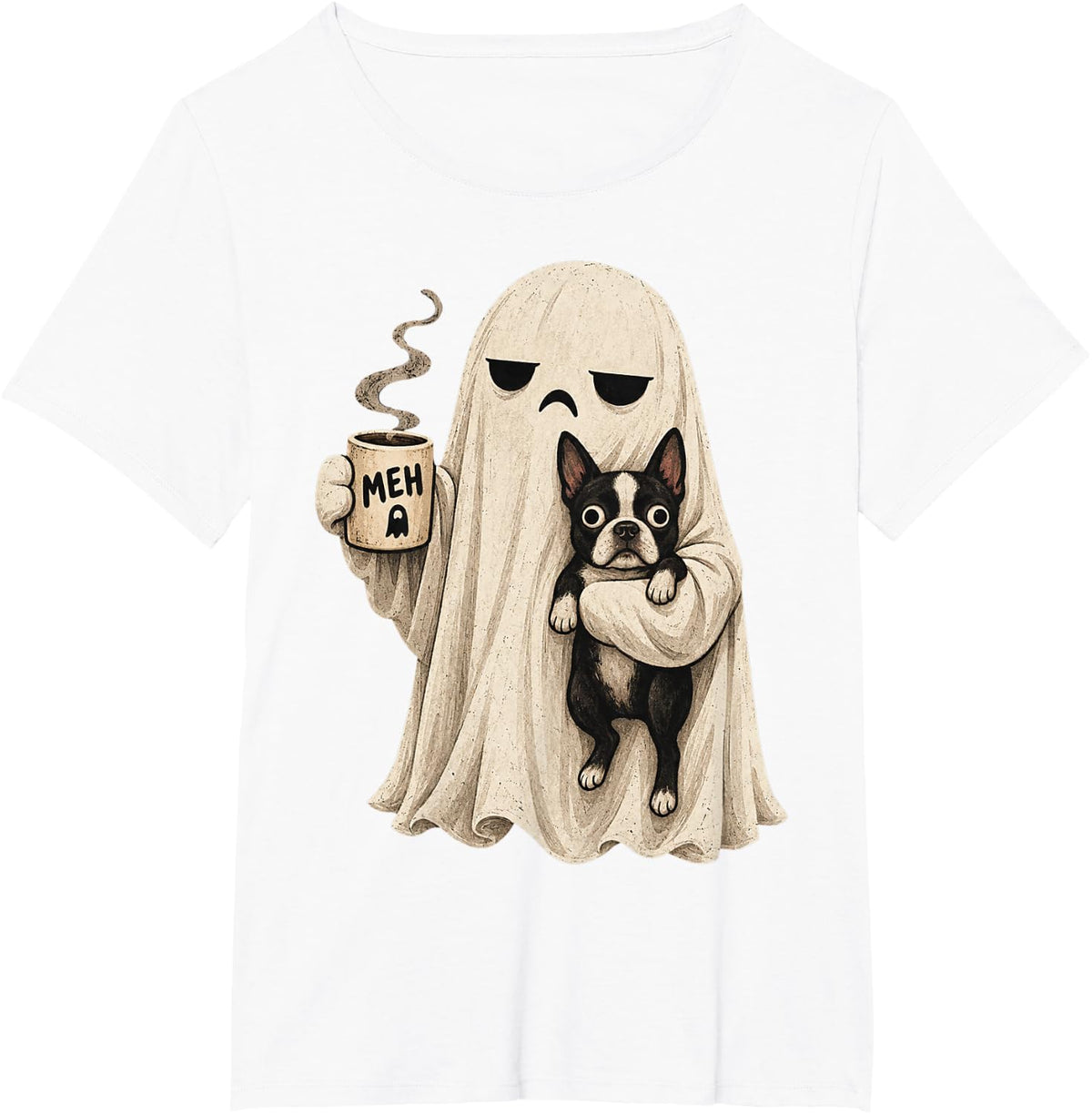 Grumpy Ghost Boston Terrier Holding Coffee Spooky Design T-Shirt - White
