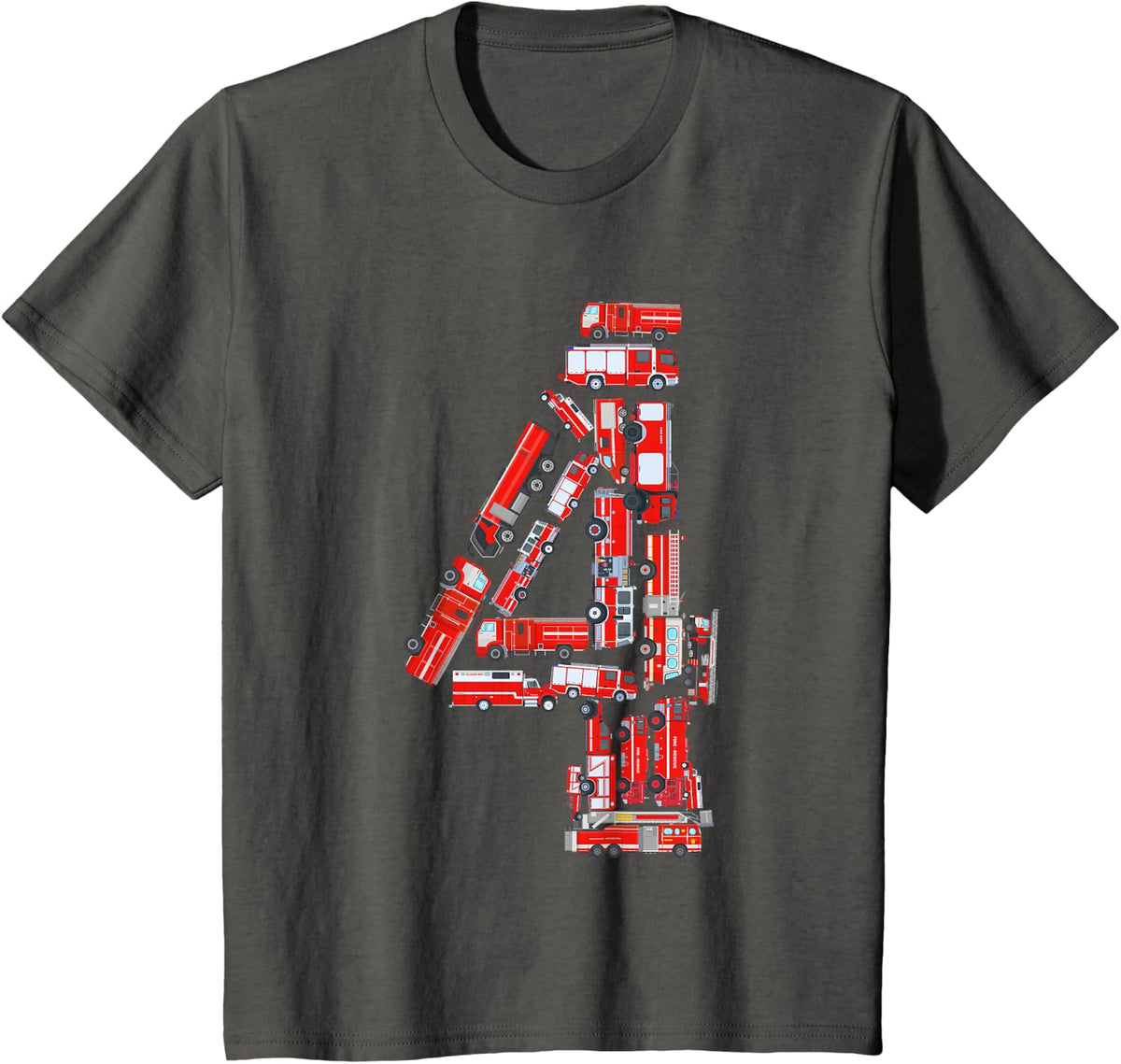 Kids 4 Year Old Boy Birthday Fire Truck Birthday Firefighter T-Shirt - Asphalt Grey