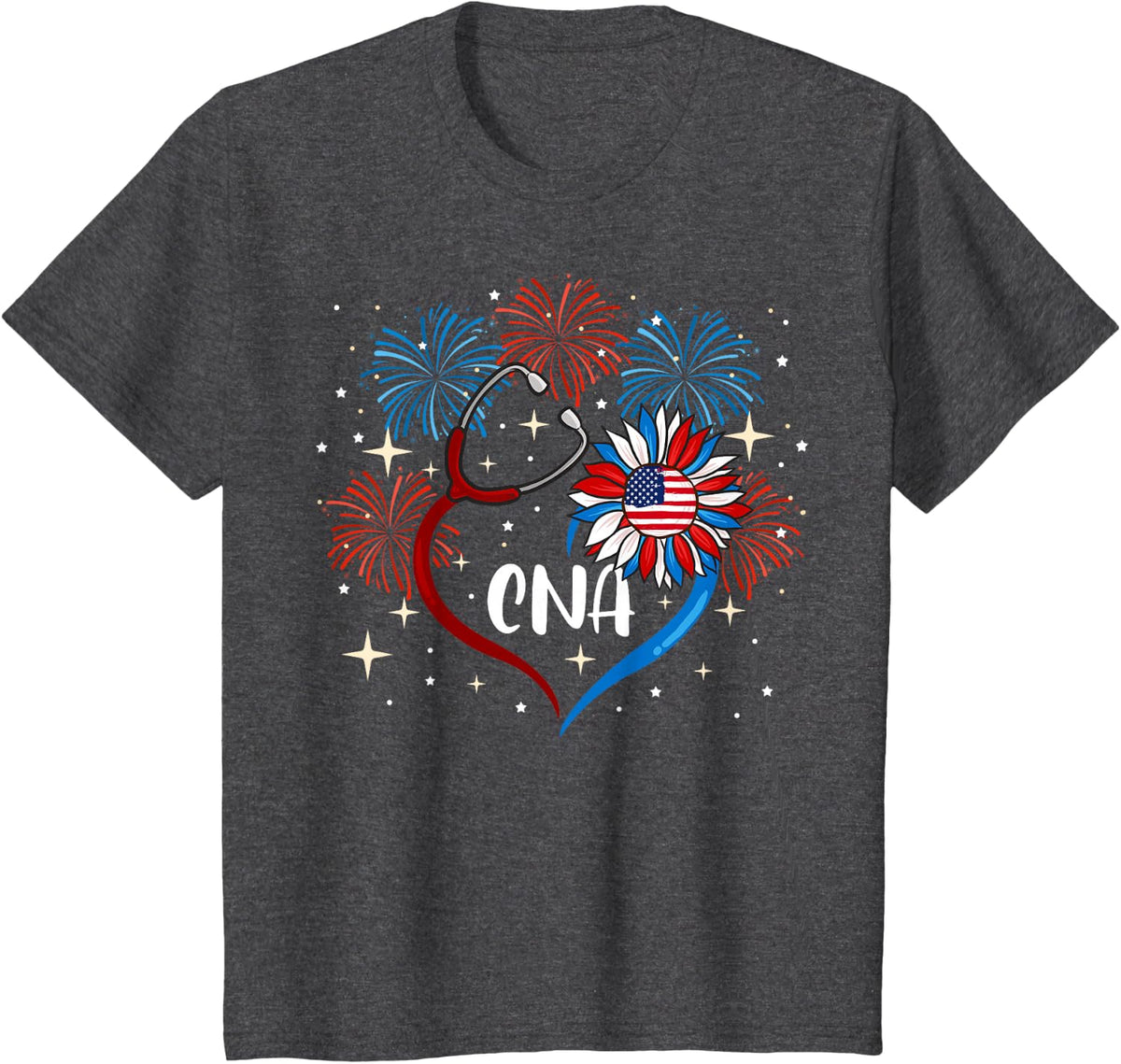 All American CNA Life American Flag Sunflower 4th Of July T-Shirt for Women Kids Men - Dark Heather Grey