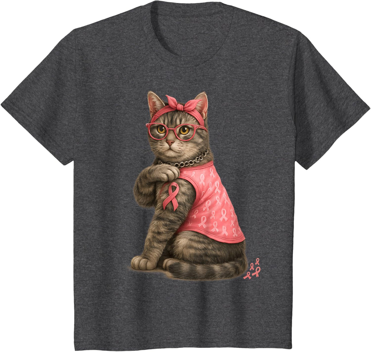 Gray Tabby Cat Pink Ribbon Breast Cancer Awareness Kitty T-Shirt - Dark Heather Grey