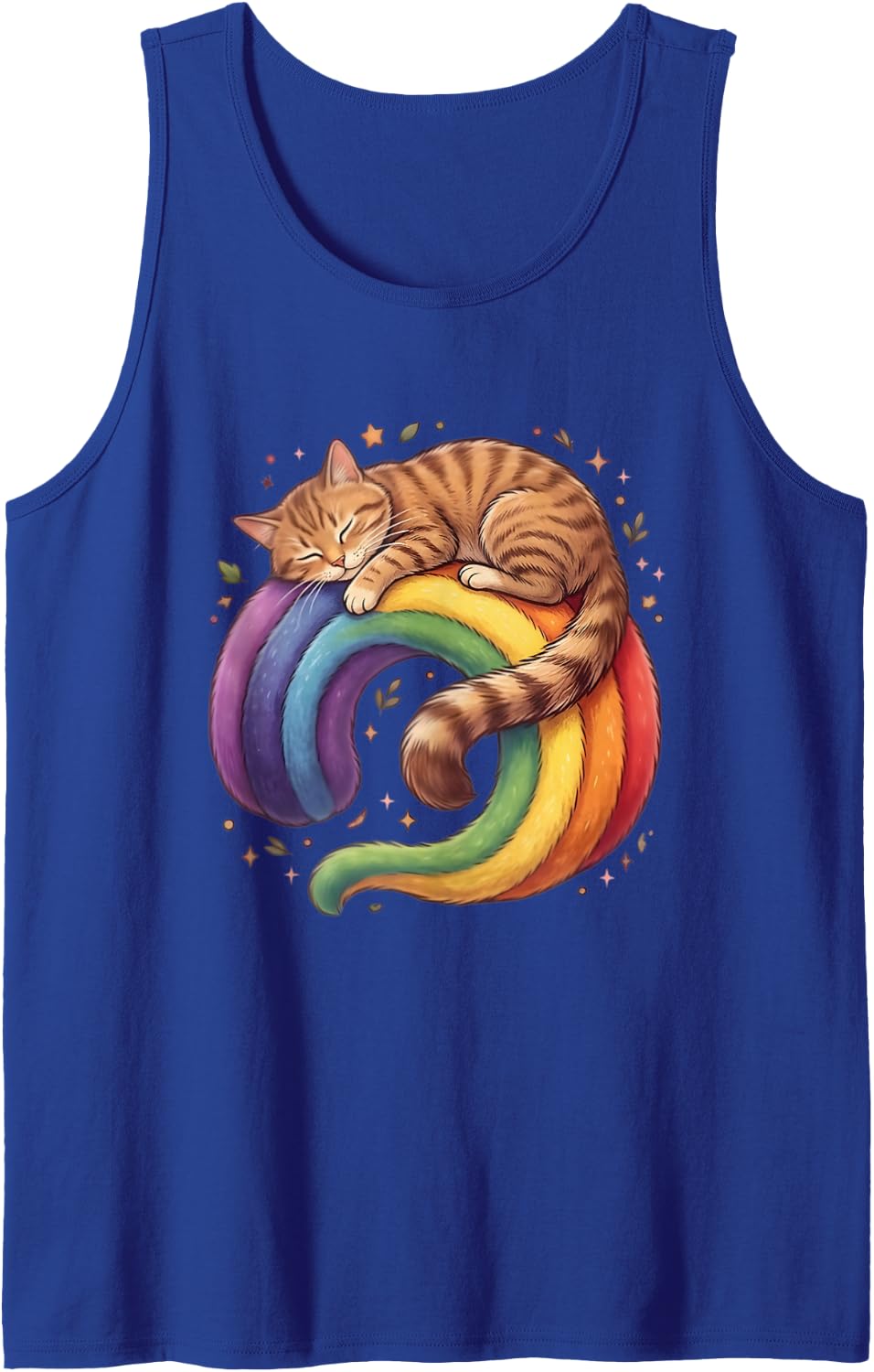 Tabby Cat Napping on a Rainbow Curled Up Kitten Art Tank Top - Royal Blue