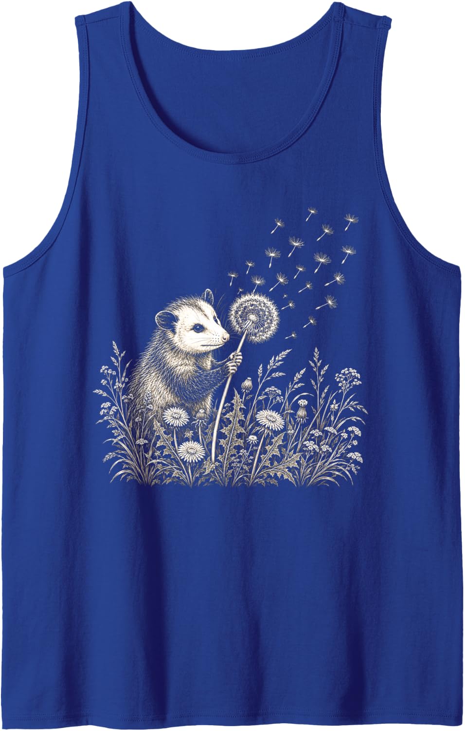 Opossum Making A Dandelion Floral Wildflower Wish Vintage Sleeveless Tank Top - Royal Blue
