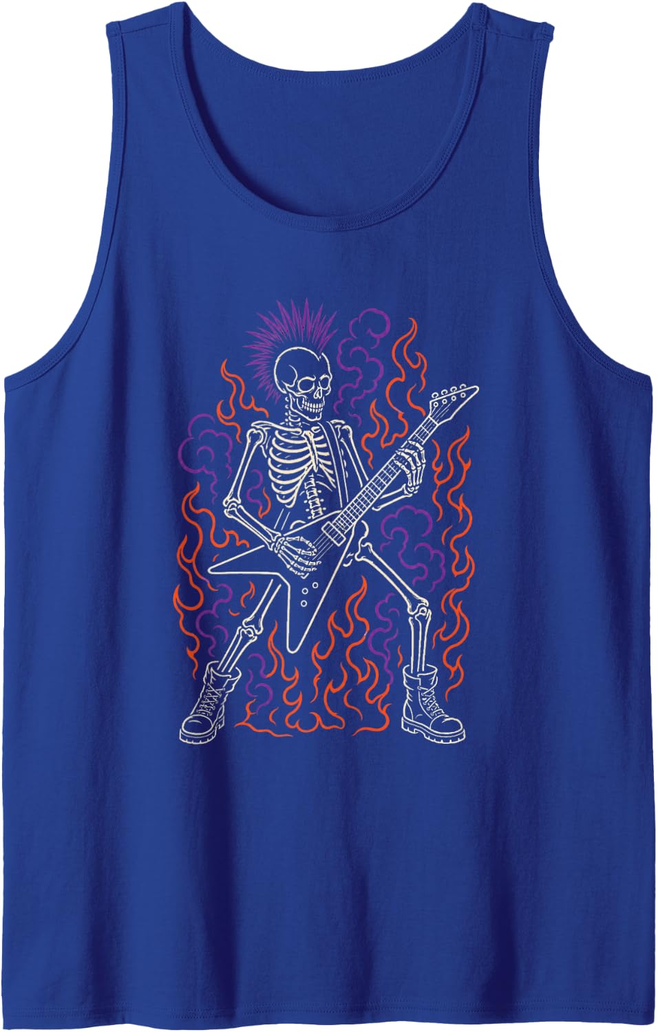 Halloween Punk Skeleton Mohawk Guitar Flames Line Art Sleeveless Tank Top - Royal Blue