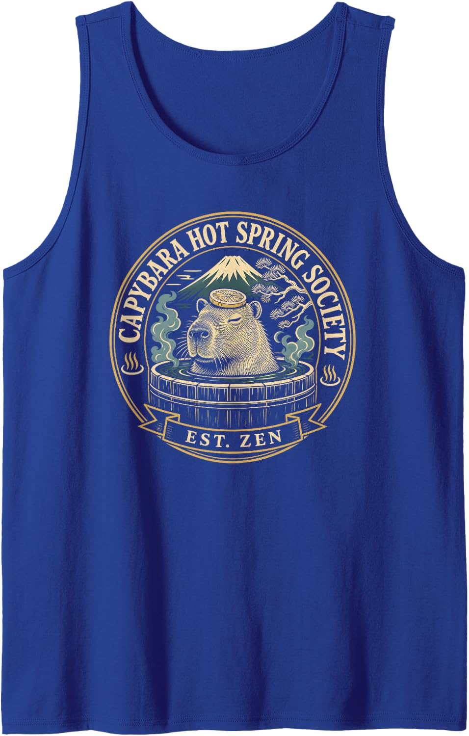 Capybara Hot Spring Society Vintage Onsen Badge Lemon Sleeveless Tank Top - Royal Blue