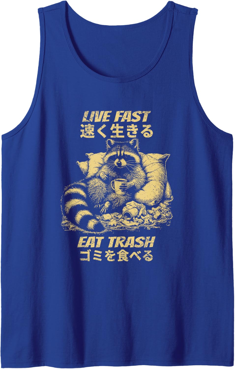 Live Fast Eat Trash Japanese Raccoon Trash Panda Art Sleeveless Tank Top - Royal Blue