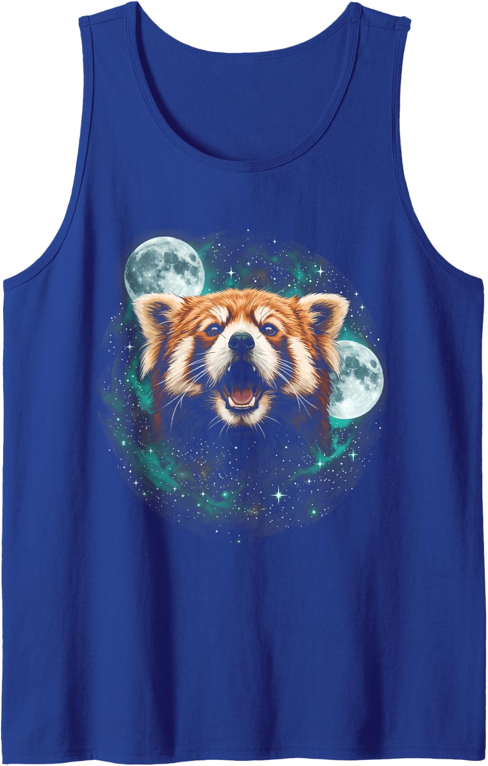 Red Panda Dual Moons Cosmic Stellar Nebula Dust Motif Sleeveless Tank Top - Royal Blue