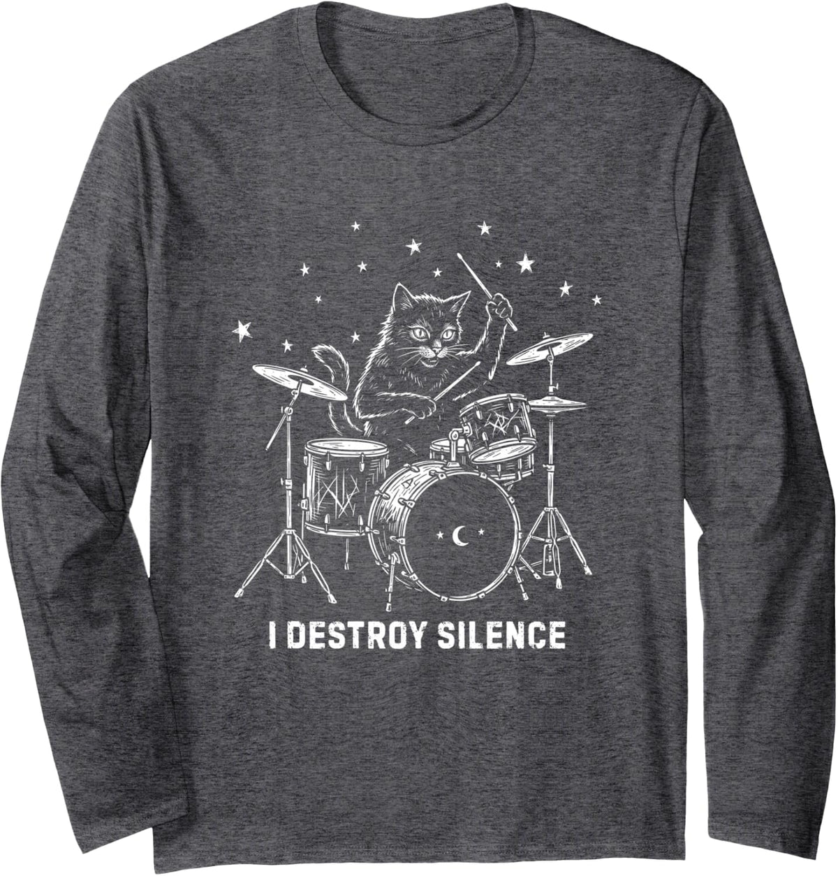 Black Cat Playing Drums Vintage Gothic Rock Musician Graphic Long Sleeve T-Shirt - Adult Unisex Dark Heather Grey