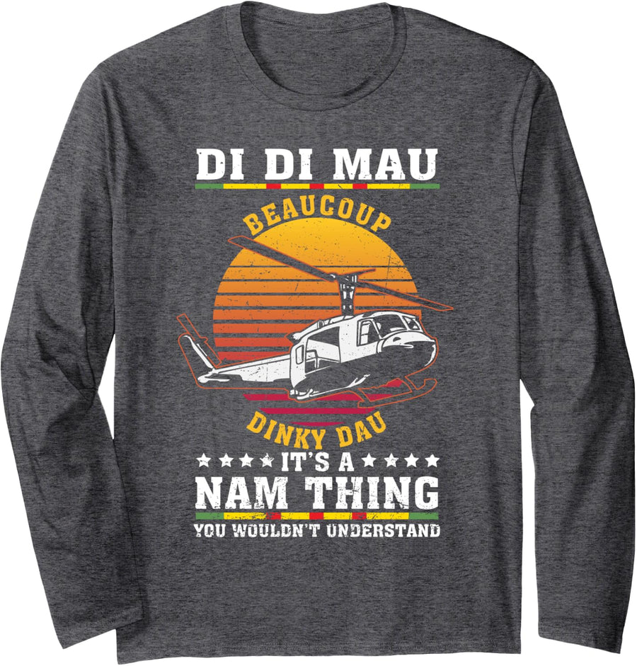 Di Di Mau Beaucoup Dinky Dau Vintage US Army Vietnam Veteran Long Sleeve T-Shirt - Adult Unisex Dark Heather Grey