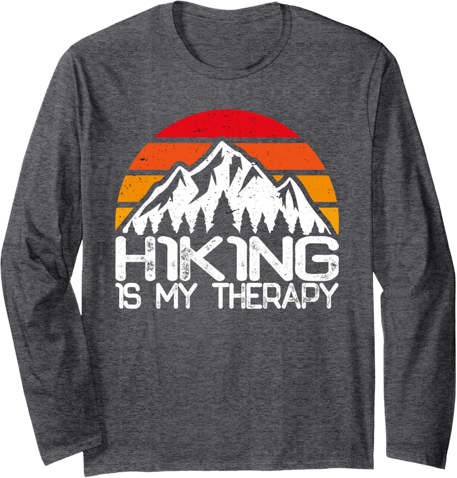 Hiking Is My Therapy Funny Hiking Camping Retro Sunset Hiker Long Sleeve T-Shirt - Adult Unisex Dark Heather Grey