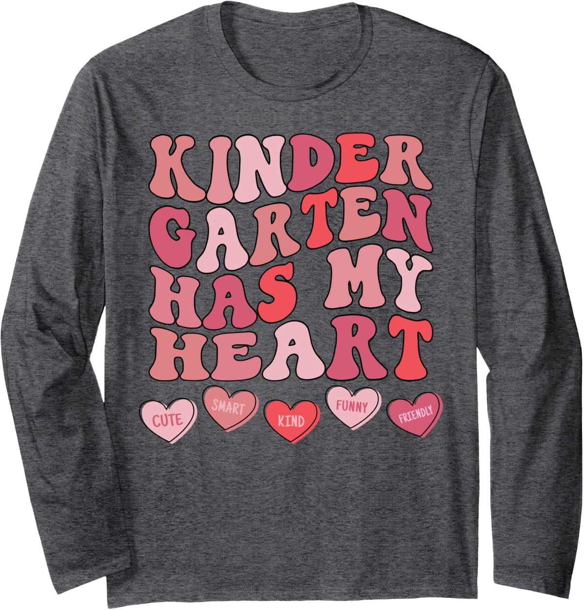 Kindergarten Has My Heart Groovy Valentines Day Teacher Long Sleeve T-Shirt - Adult Unisex Dark Heather Grey