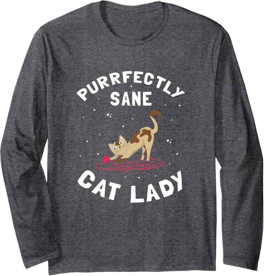 Purrfectly Sane Cat Lady for Cat Lovers Long Sleeve T-Shirt - Adult Unisex Dark Heather Grey