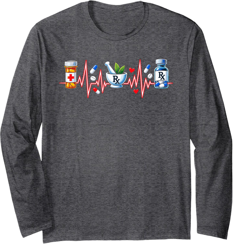Pharmacy Heartbeat Mortar and Pestle Symbol Long Sleeve T-Shirt - Adult Unisex Dark Heather Grey