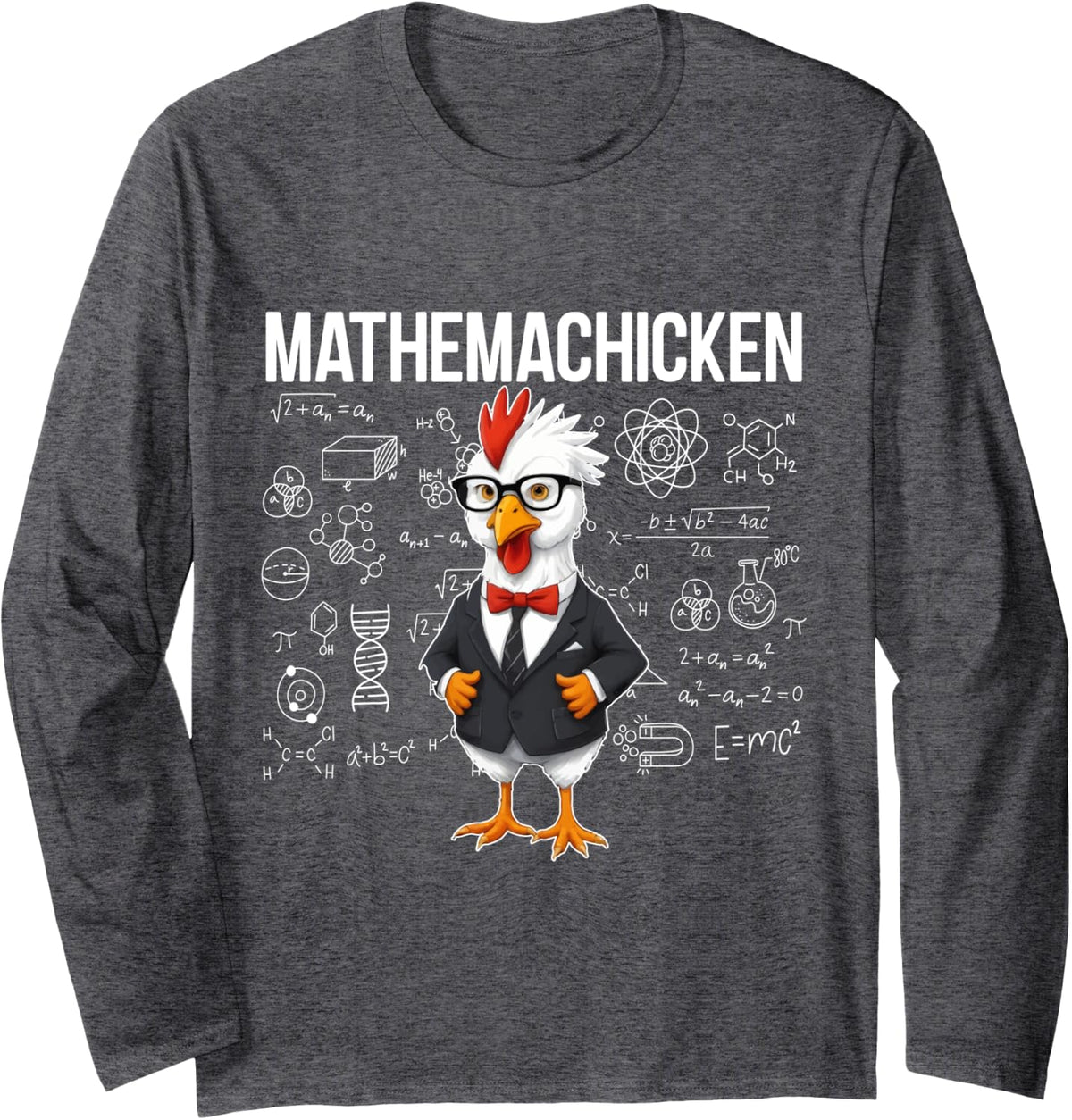 Mathemachicken Funny Chicken Math Genius Nerdy Long Sleeve T-Shirt - Adult Unisex Dark Heather Grey