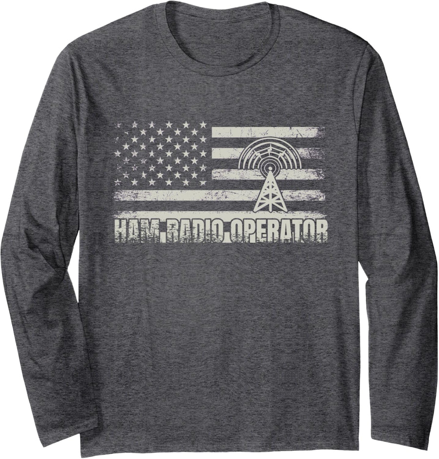 Ham Radio Operator USA Flag Long Sleeve T-Shirt - Adult Unisex Dark Heather Grey