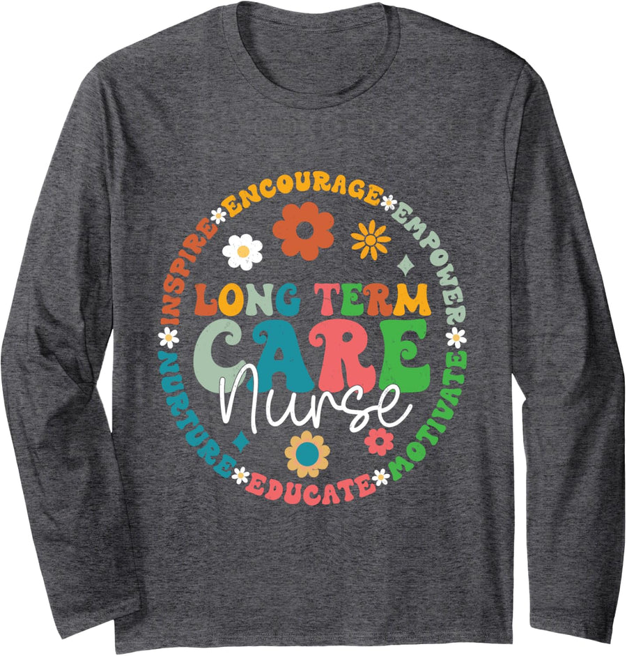 Cute Retro LTC Nurse Long Term Care Nurse Appreciation Long Sleeve T-Shirt - Adult Unisex Dark Heather Grey