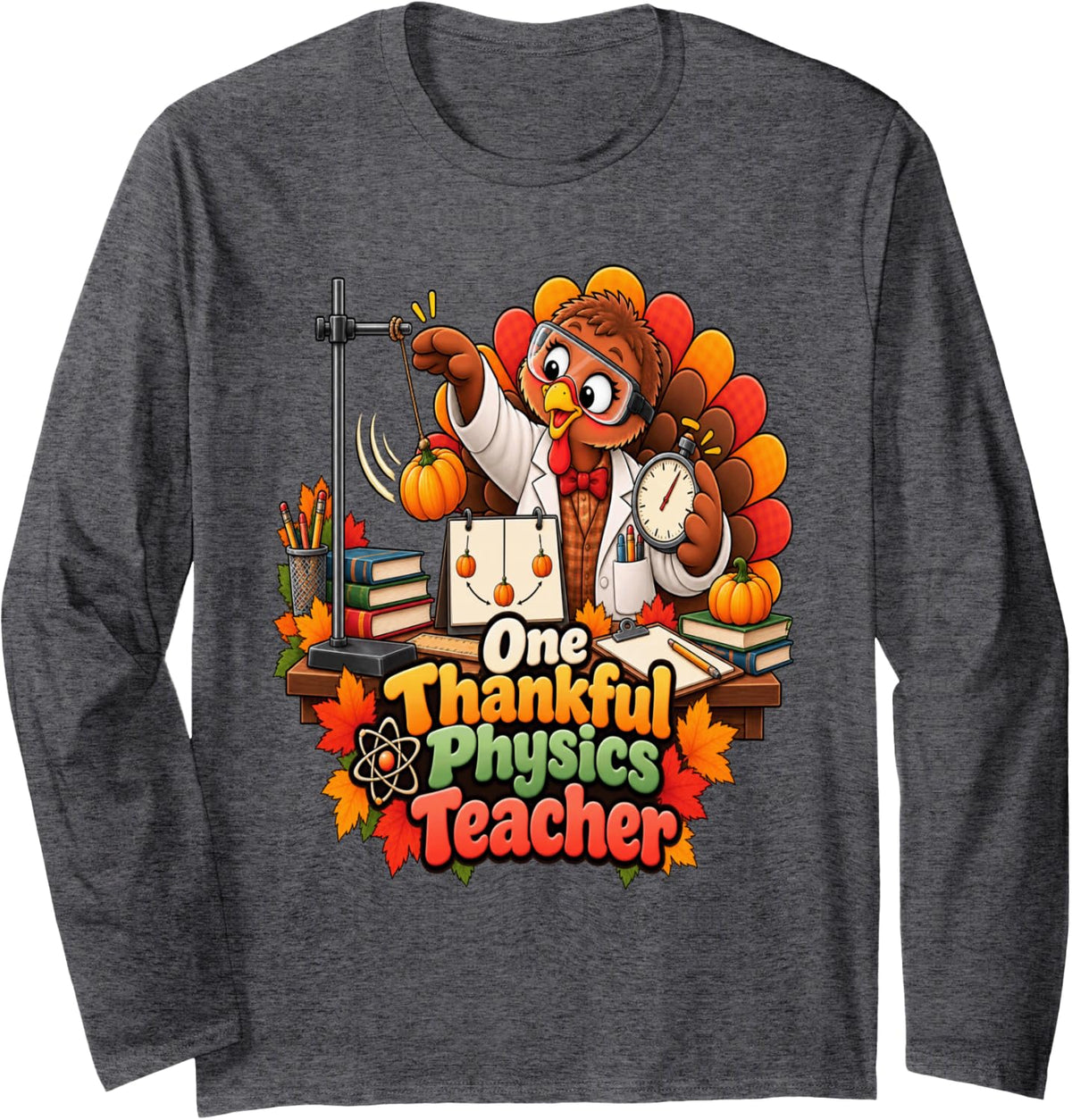 Fall Science Classroom Thanksgiving Physics Teacher Turkey Long Sleeve T-Shirt - Adult Unisex Dark Heather Grey