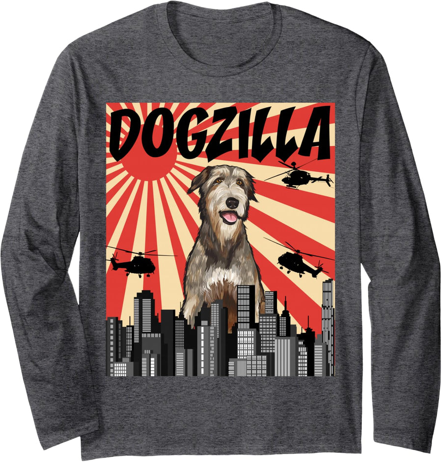Funny Retro Japanese Dogzilla Irish Wolfhound Long Sleeve T-Shirt - Adult Unisex Dark Heather Grey