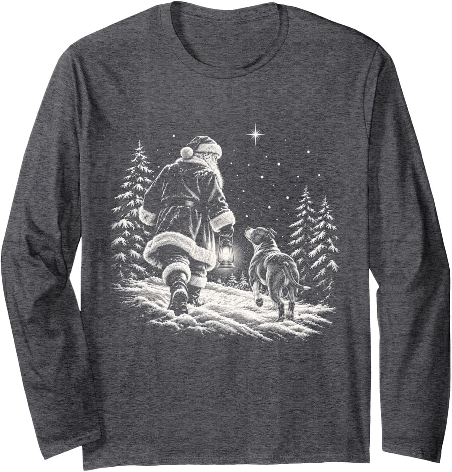 American Pit Bull Terrier Christmas Dog Walking with Santa Long Sleeve T-Shirt - Adult Unisex Dark Heather Grey