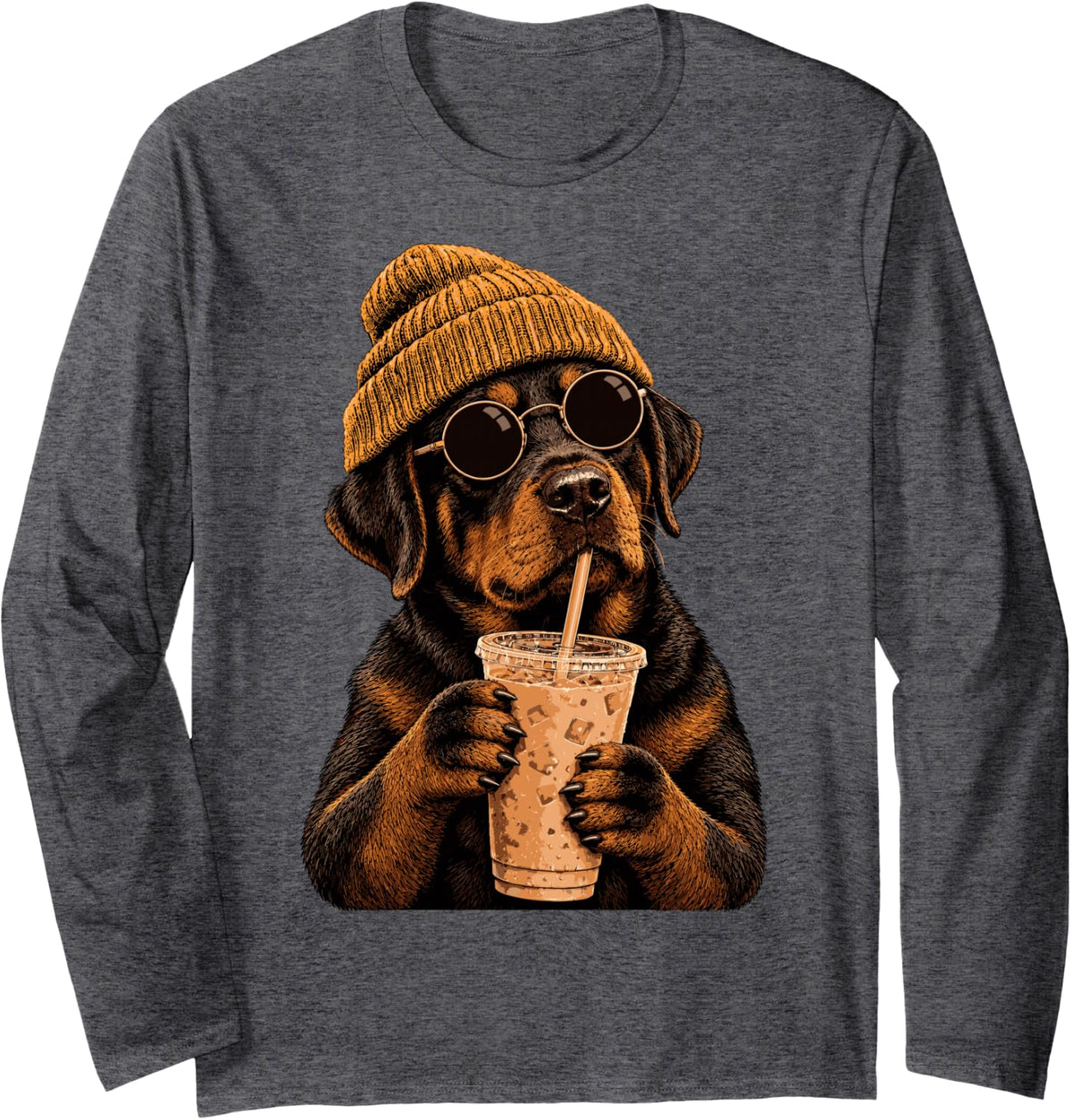 Rottweiler Dog Hipster Iced Coffee Funny Rottweiler Long Sleeve T-Shirt - Adult Unisex Dark Heather Grey
