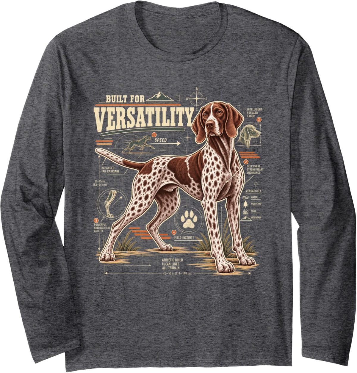Built for Versatility German Shorthaired Pointer Long Sleeve T-Shirt - Adult Unisex Dark Heather Grey