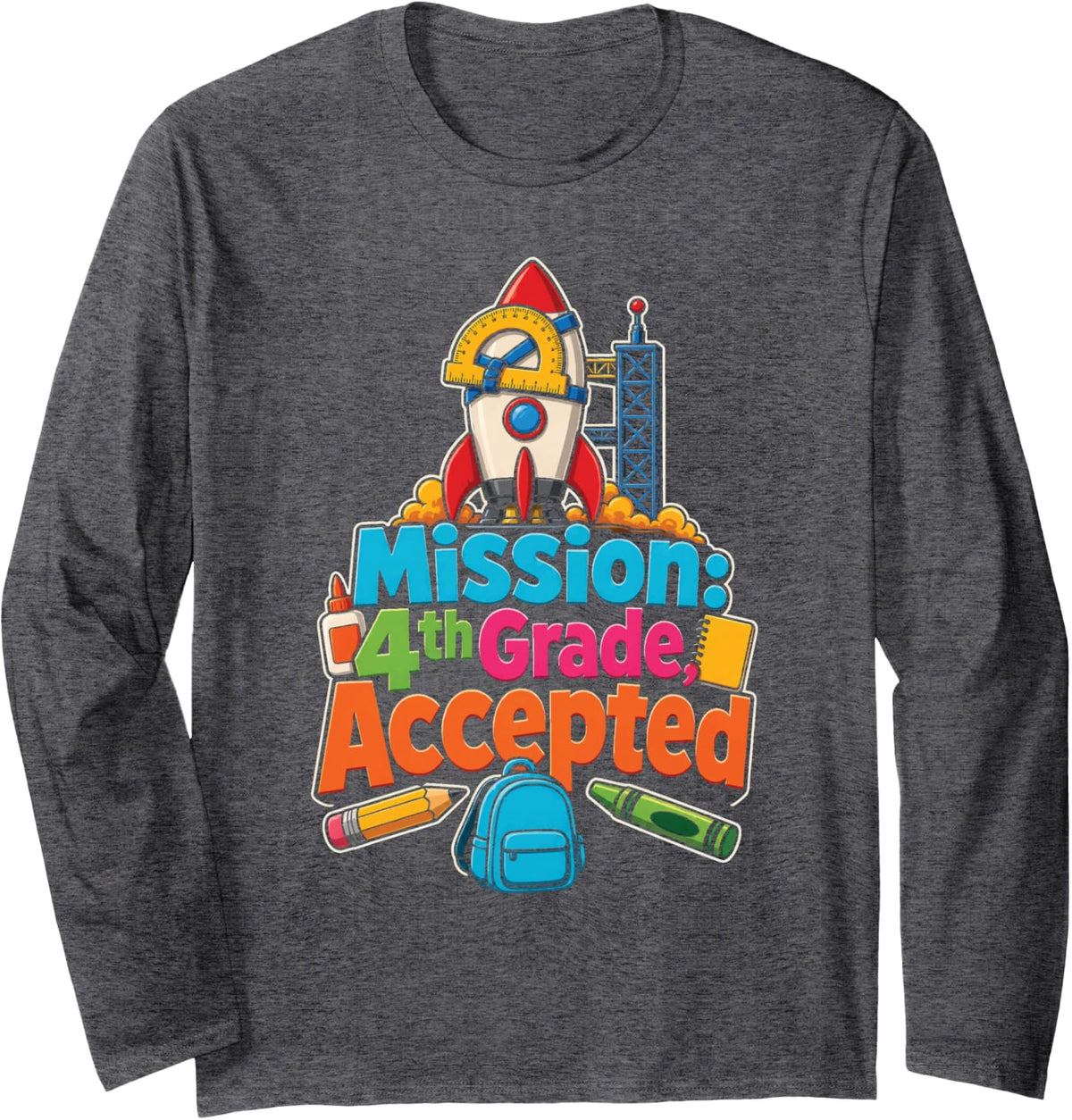 4th Grade Mission Accepted Rocket Elementary School Long Sleeve T-Shirt - Adult Unisex Dark Heather Grey