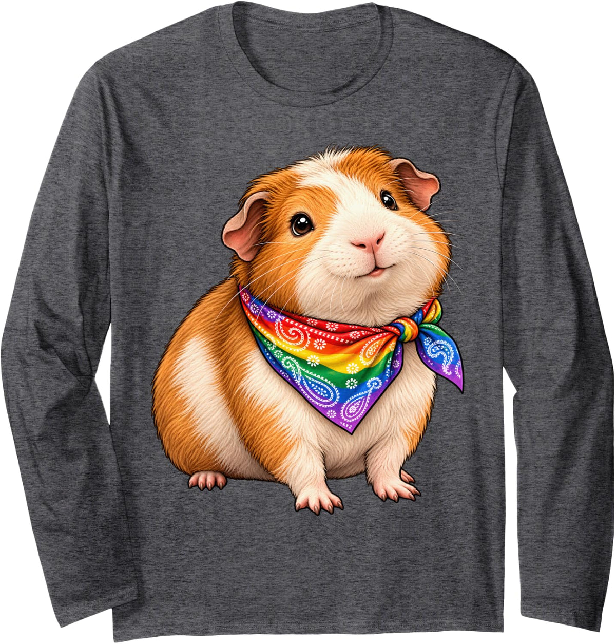 Rainbow Bandana Guinea Pig Pride Long Sleeve T-Shirt - Adult Unisex Dark Heather Grey
