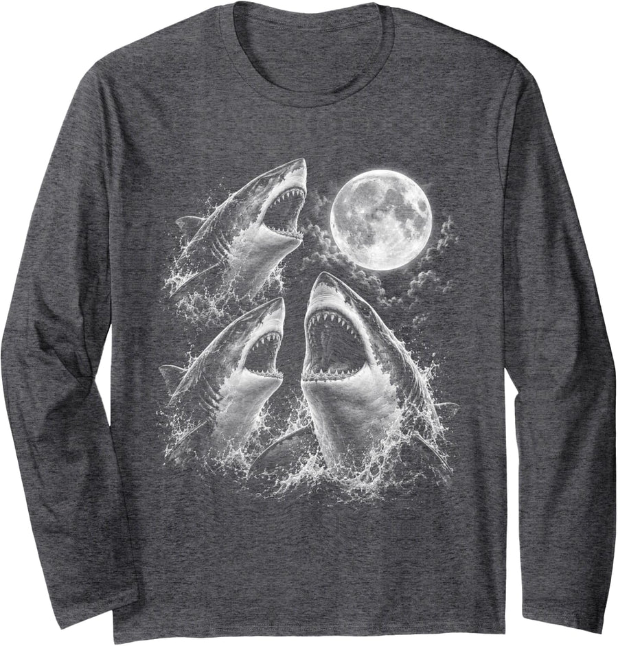 Great White Shark Trio Howling at Full Moon Retro Parody Long Sleeve T-Shirt - Adult Unisex Dark Heather Grey