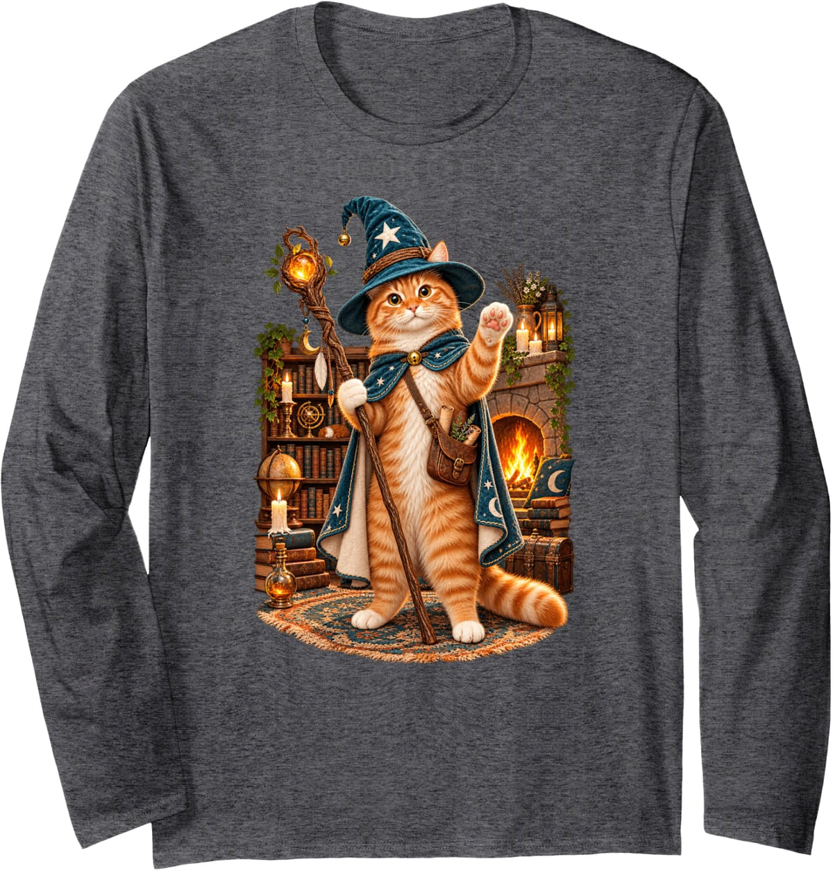 Tabby Cat Wizard Fantasy Magic Spellcaster Long Sleeve T-Shirt - Adult Unisex Dark Heather Grey