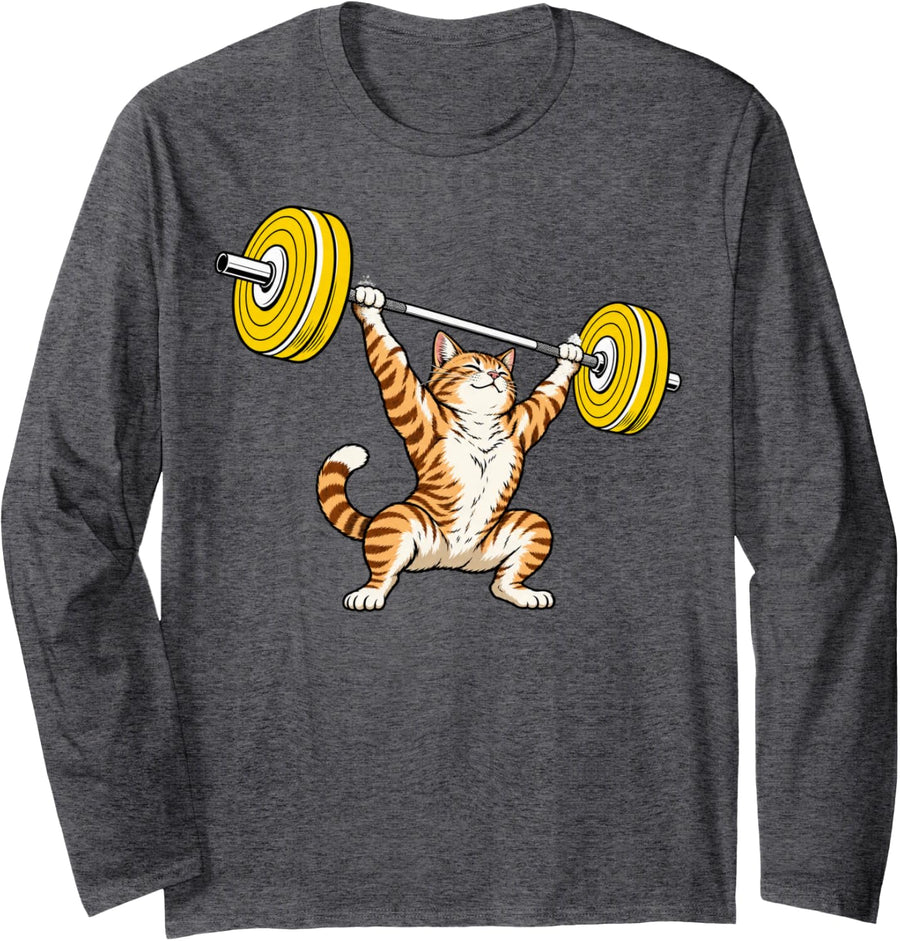 Muscular Tabby Cat Overhead Pressing Barbell Long Sleeve T-Shirt - Adult Unisex Dark Heather Grey