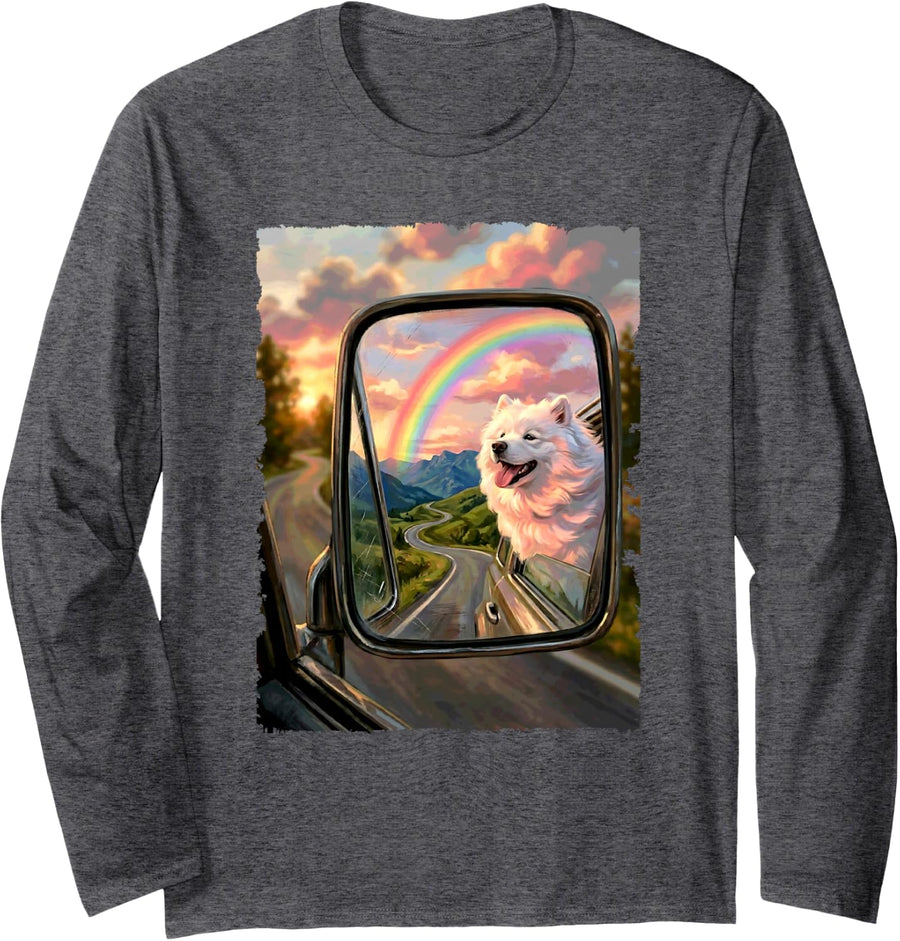 Samoyed in Rear View Mirror Dog Lover Long Sleeve T-Shirt - Adult Unisex Dark Heather Grey