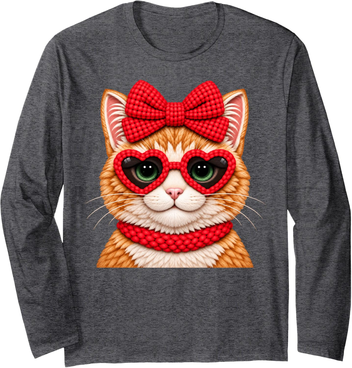 Orange Tabby Red Bow Heart Sunglasses Cute Cat Valentine Long Sleeve T-Shirt - Adult Unisex Dark Heather Grey