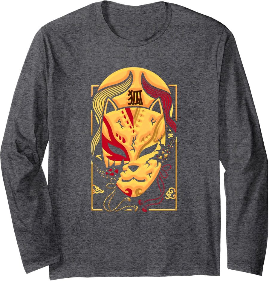 Vaporwave Aesthetic Traditional Japanese Fox Mask Long Sleeve T-Shirt - Adult Unisex Dark Heather Grey