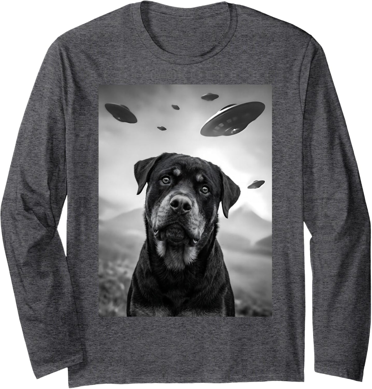 Rottweiler UFO Long Sleeve T-Shirt - Adult Unisex Dark Heather Grey