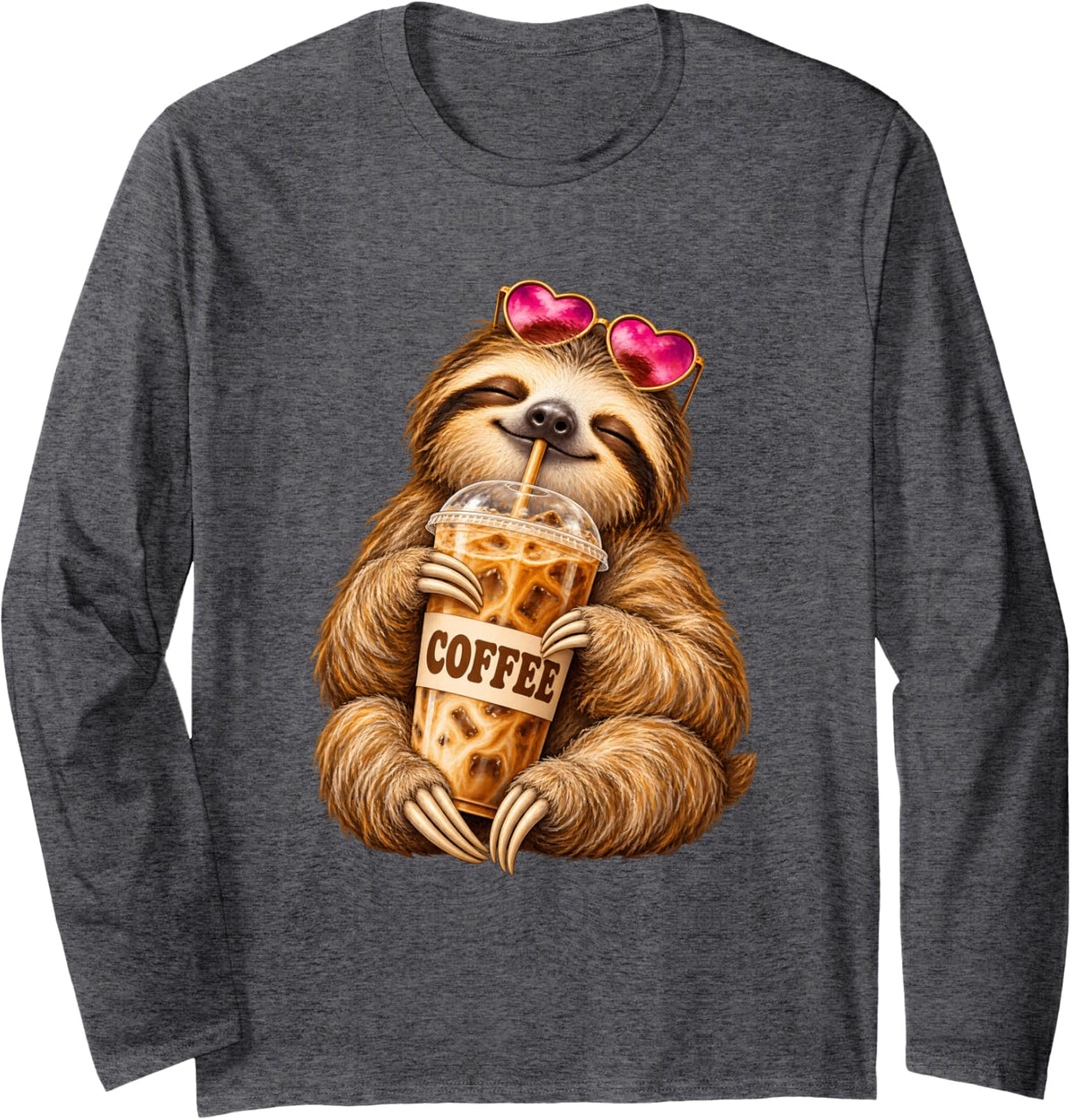 Sloth Iced Coffee, Cute Sloth Lover Coffee Drinker Long Sleeve T-Shirt - Adult Unisex Dark Heather Grey