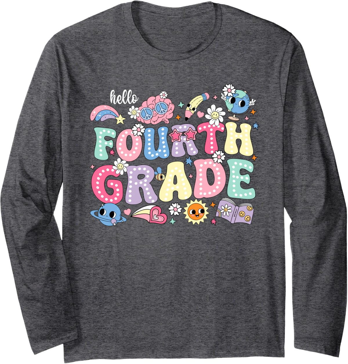 Hello Fourth 4th Grade Back to School Teacher Kids Long Sleeve T-Shirt - Adult Unisex Dark Heather Grey