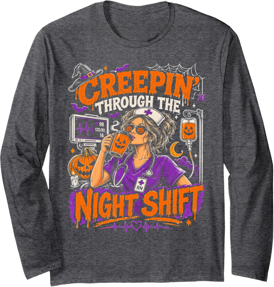 RN Nurse Halloween Humor Skeleton Pumpkin Boo Ghost Retro Long Sleeve T-Shirt - Adult Unisex Dark Heather Grey