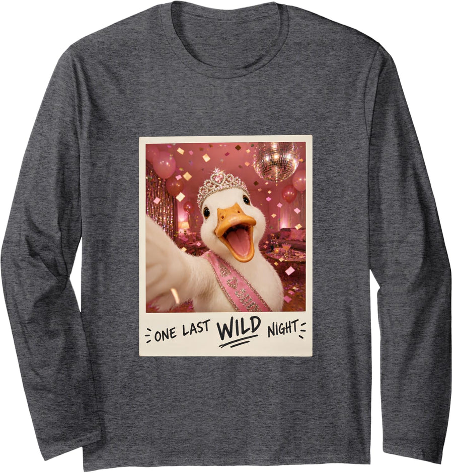 One Last Wild Night White Duck Selfie Bachelorette Long Sleeve T-Shirt - Adult Unisex Dark Heather Grey