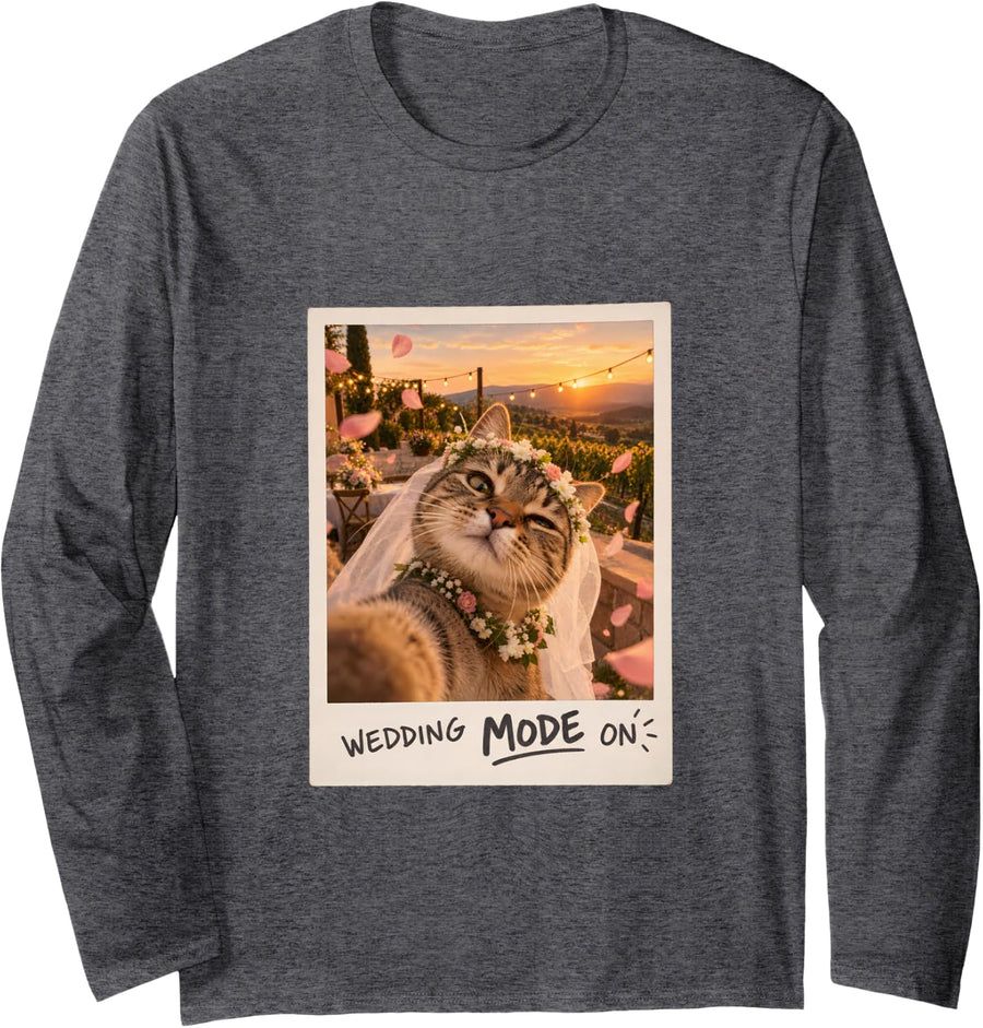 Wedding Mode On Tabby Cat Selfie Funny Kitten Long Sleeve T-Shirt - Adult Unisex Dark Heather Grey