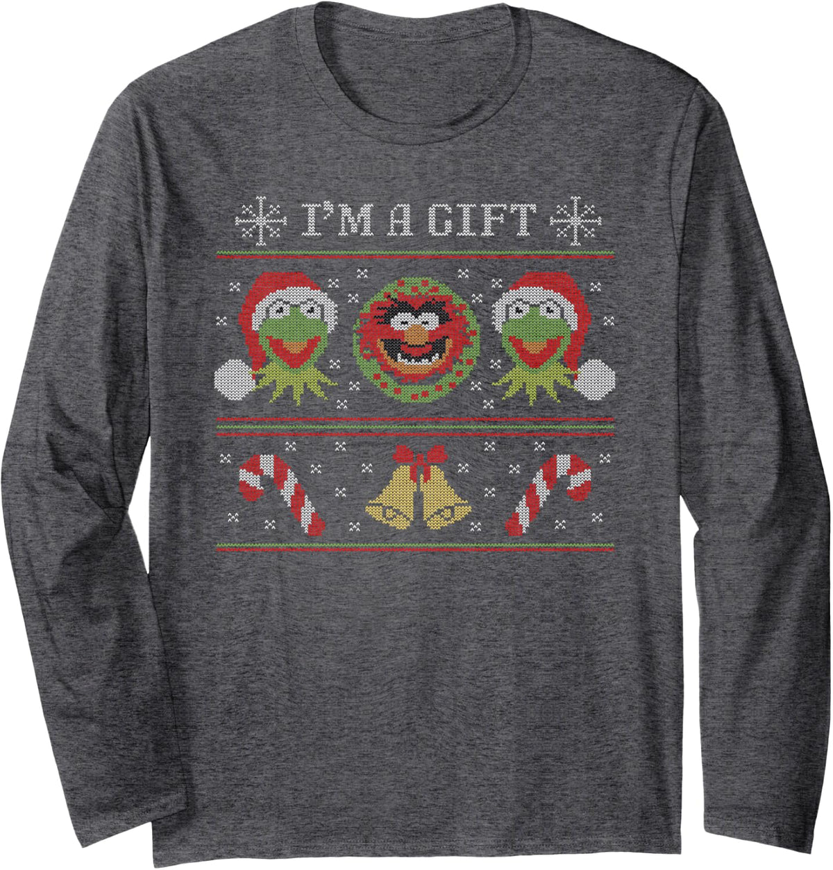 Disney The Muppets Christmas I'm A Gift Ugly Sweater Long Sleeve T-Shirt - Adult Unisex Dark Heather Grey