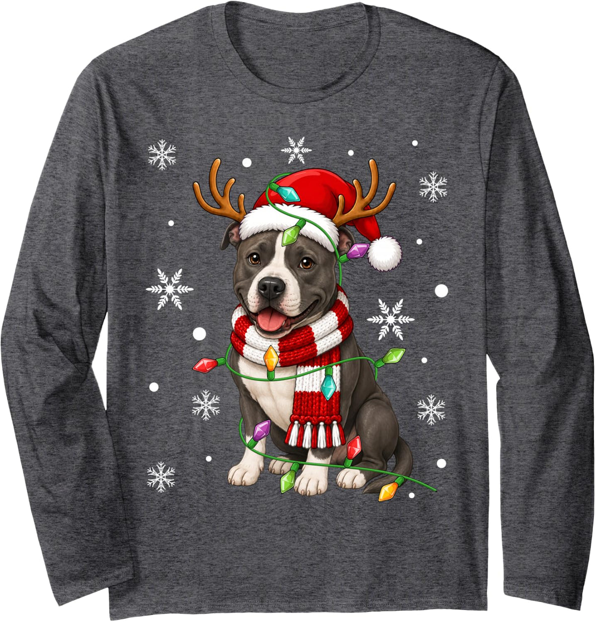 American Staffordshire Terrier Dog Christmas Lights Xmas Long Sleeve T-Shirt - Adult Unisex Dark Heather Grey
